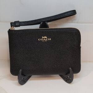 Coach Black Leather Zip Wristlet with Gold Logo